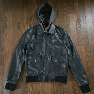 American Rag Leather Jacket zip-up biker jacket w/ built-in hoodie - Mens Small